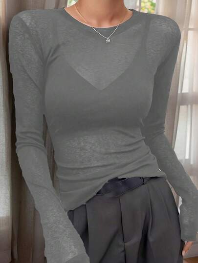 2025 Spring/Autumn Women Crew Neck Layering Tee, Sheer Mesh Long Sleeve Thin Top