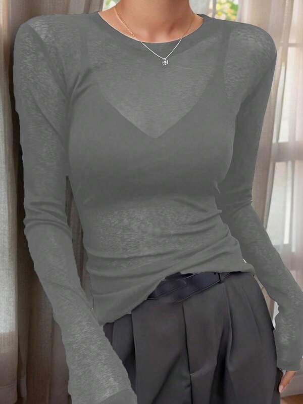 2025 Spring/Autumn Women Crew Neck Layering Tee, Sheer Mesh Long Sleeve Thin Top