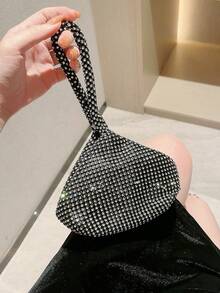 Lightweight Business Casual Rhinestone Decor Mini Drawstring Bucket Bag, Transparent Faux Pearl Evening Clutch - Black - View 5