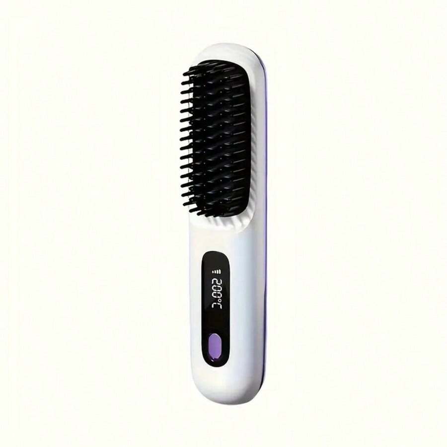 Portable Cordless Hair Straightener Brush, Mini Travel Hair Brush Straightener With Ceramic Coating, Anti-Scald Design, Rechargeable Hairbrush Straightener Brush For Women, Black/Pink/White - 白色 - 查看 1