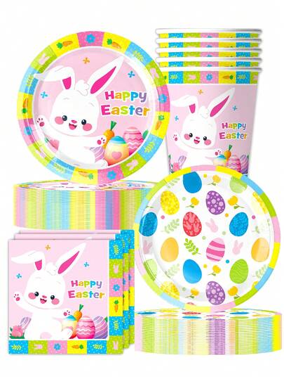10pcs Easter Themed Party Supplies Set, Including Plates, Cups, Napkins With Rabbit And Easter Egg Patterns, Easter Essentials, Perfect For Outdoor Camping And Travel
