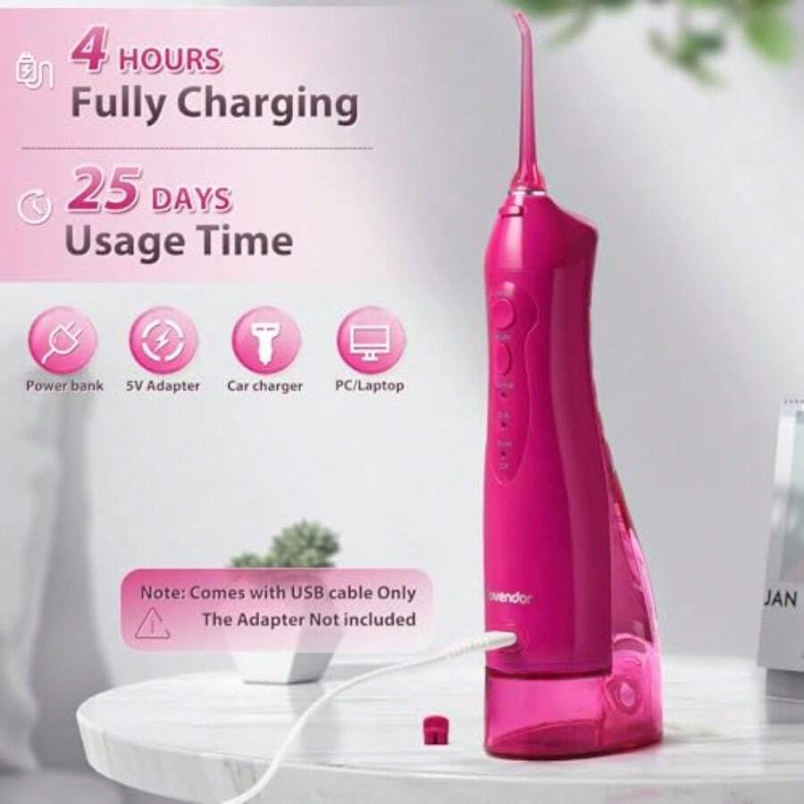 hilo dental eléctrico de agua recargable, irrigador oral, 3 modos, 5 puntas, para dientes, encías y aparatos ortopédicos, cuidado dental familiar, tanque de 300 ml, IPX7 impermeable - Rojo Rosado - Ver 1
