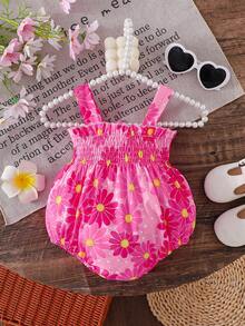 女婴碎花无袖连体衣，春夏款 - 玫瑰紅 - 查看 3