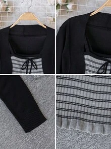2pcs Contrast Stripe Camisole With Bow Accent & Cardigan Sweater Set, Spring/Summer - Dark Grey - View 11
