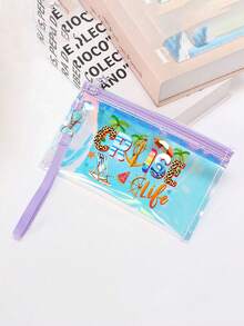 纯色透明化妆包，激光沙滩手拿包，印有“Ceuise Life”字样、椰子树、邮轮等相关图案，PVC材质，大容量，洗漱包，便捷简约收纳包，透明拉链洗漱包，防水，拉链化妆包，唇膏收纳袋，指甲油收纳袋，适合海滩、度假使用。 - 彩色 - 查看 7