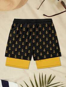 Quần short nam in hình mỏ neo, cạp chun, thoáng khí, thích hợp mặc đi biển, thiết kế 2 trong 1. - màu đen - Xem 2