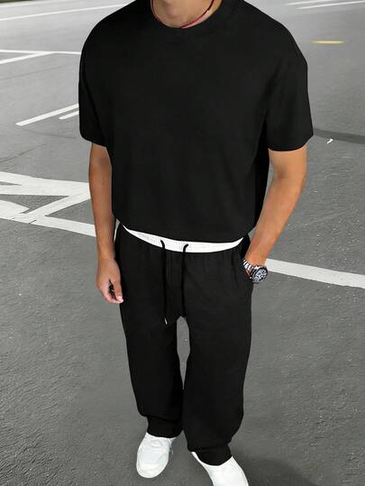 1 set herr enfärgad kortärmad t-shirt och cargobyxor med flera fickor, sportklädesset, lös avslappnad modeoutfit för sommaren, lämplig för pendling, utomhus, vandring, träning, löpning, fitness, streetwear