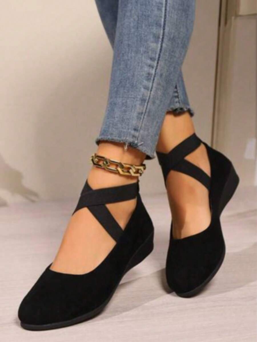 Women's Solid Color Comfy Flat Cross Elastic Band Soft Sole Walking Shoes, Wedge Heel Daily Shoes - màu đen - Xem 1