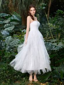 Faeriesty Elegant White Strapless Midi Dress - Layered Ruffle Mesh Party Gown With Sweetheart Neckline And Pleated Bodice, Suitable For Wedding Guest, Party, Cocktail, Vacation - White - View 5