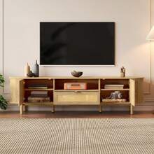Modern TV Cabinet With Rattan Drawers With Open Compartments, Rounded Tabletop, Metal Legs In Wood Look, Multifunctional Living Room Furniture.