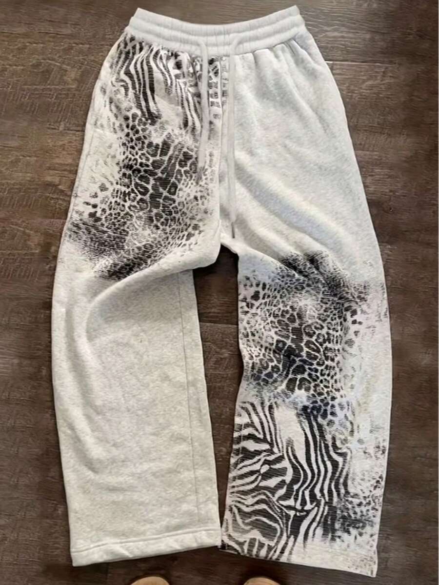 Men's & Women's Y2K Vintage Wide-Leg Pants - 2000s Retro Streetwear With Leopard & Zebra Print, Elastic Waist Straight Leg Trousers For Hip-Hop Outfits, All-Season Casual Wear (Machine Washable) - 灰色 - 查看 1