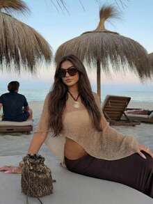 新款卡其色轻薄露肩罩衫，采用针织纹理面料，宽松版型，显瘦，适合度假、波西米亚风、性感、夏季海滩穿着 - 卡其色 - 查看 5