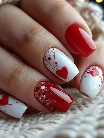 24pcs Short Square Valentine's Day Wearable Nail Tips, Red & White Glossy Heart Style, Red Heart Pattern, Cute Romantic Design, Brightening, Easy To Apply & Remove Fake Nails Set, Suitable For Women's Valentine's Day Date, Gift, And Daily Wear