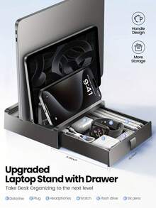 Vidier 3-In-1 Laptop Stand With Drawer - Vertical & Side Cooling Storage Rack Compatible With Various Devices, Fits Most Laptop Stands, Desktop Organizer Base, Storage Box - Black - View 2