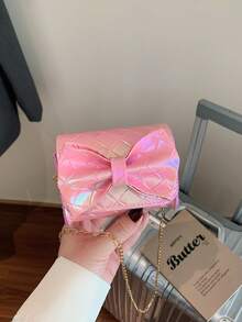 Mini Bowknot Rhombus Chain Crossbody Bag, Silver & Pink, Women's Spring/Summer 2026 New Lipstick/Coin Purse/Earphone Pouch - Pink - View 2