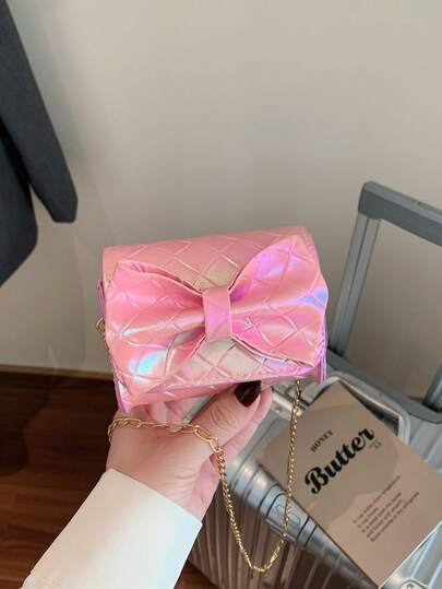 Mini Bowknot Rhombus Chain Crossbody Bag, Silver & Pink, Women's Spring/Summer 2026 New Lipstick/Coin Purse/Earphone Pouch