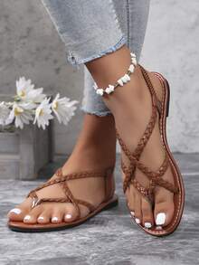 新款条纹编织平底人字拖，休闲百搭沙滩鞋，轻便舒适，有棕色、白色、黑色、金色、银色和彩色可选 - 棕色 - 查看 9