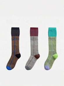 1/3 Pairs New Retro American Style Fine Plaid & Houndstooth Knee-High Socks - Multicolor - View 2