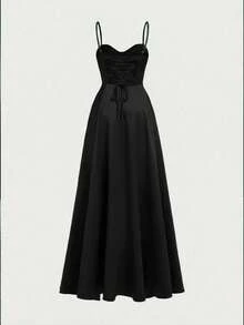 优雅正式舞会礼服，收腰派对礼服，浪漫性感露背系带挂脖女士派对礼服，适合婚礼、晚宴、约会等场合，黑色春季款 - 黑色 - 查看 7