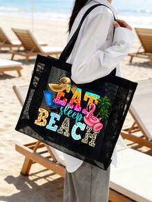 大容量网眼包套装，沙滩手提包，印有“Eat Sleep Beach”字母图案、椰子树和火烈鸟图案，沙滩风格，便携式镂空网眼单肩包，洗漱包，化妆包，化妆品收纳包，可折叠大容量沙滩包，防水防沙，适合海滩度假 - 彩色 - 查看 4