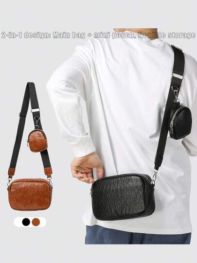 Men's Shoulder Bag - New High-Quality PU Functional Style Messenger Bag, Men's One Shoulder Bag Retro Casual Crossbody Bag, Multi-Functional Fashion Crossbody Bag With Small Pouch