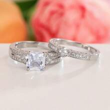 2 Pieces Copper Ring Set For Women, Elegant Retro Bridal Layering Ring With Sparkling Zirconia, Daily/Wedding Jewelry, Valentine's Day Gift - Wedding Rings 4 - View 7