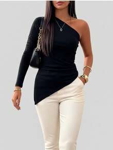 Women's Asymmetrical Blouse, One-Shoulder Sleeve, Long Ribbed Knit, Premium Basic, Stylish, Casual - màu đen - Xem 3