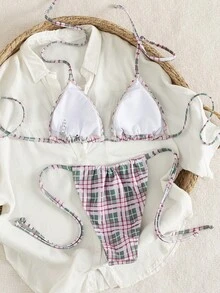 Bộ bikini kẻ caro hồng, xanh lá cây và đỏ, thiết kế cúp ngực tam giác với dây đeo giúp tôn lên đường cong vai, làm mềm mại các đường cong cơ thể, thích hợp cho kỳ nghỉ hè đi biển và dự tiệc. - Nhiều màu - Xem 2