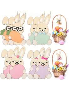 4pcs Unfinished Wooden Easter Bunny Decorations With Ribbons, Wooden Bunny Slices And Figures For Painting, Spring Decor, Easter Party DIY, Multi-Functional Home Decor, Suitable For All Seasons, Adding Natural Artistic Atmosphere - Multicolor - View 1