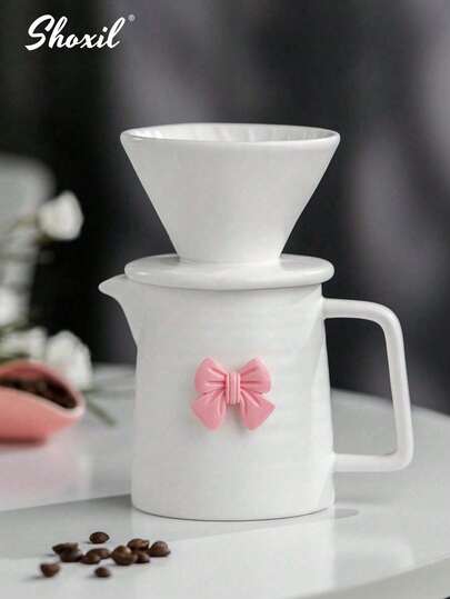 shoxil 2件套 1-2杯粉色蝴蝶结手冲咖啡套装，包含咖啡壶、咖啡滤网、优质白色陶瓷咖啡滴滤器和醒酒器，家用滤式咖啡机