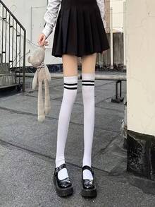 1 đôi tất cao đến đùi kẻ sọc màu trơn, tất dày qua đầu gối gợi cảm dành cho nữ, phong cách Y2K. - Nhiều màu - Xem 9