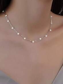 1pc S925 Sterling Silver Personalized Starry Sky Double Layer Pearl Necklace, Luxury Minimalist Beaded Sweater Chain, Exquisite Holiday Gift For Women - Pearl - View 5