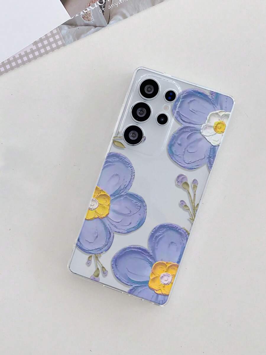 1pc Creative Fashionable Graffiti Purple Flower Pattern High Transparency Phone Case, Anti-Fall Anti-Scratch Anti-Fingerprint Clear TPU Soft Shell, Camera Lens Protection Compatible With Samsung, Nothing, Pixel, INFINIX, Redmi - Multicolor - View 1