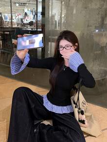 女士春夏格子拼接喇叭袖修身衬衫 - 黑色 - 查看 7