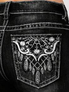 Women's Large-Size High-Waisted Stretch Denim Jeans With Faded Water-Washed Blue Feathers And Embroidered Netting On The Back Pocket, Featuring A Retro Bell-Shaped Design. Comfortable And Elegant, Suitable For All Occasions. Large-Size Women's Denim Pants. - 黑色 - 查看 9