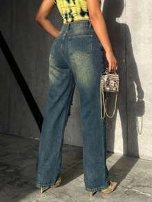 女士休闲水洗做旧宽松直筒牛仔裤 - 藏蓝色 - 查看 2