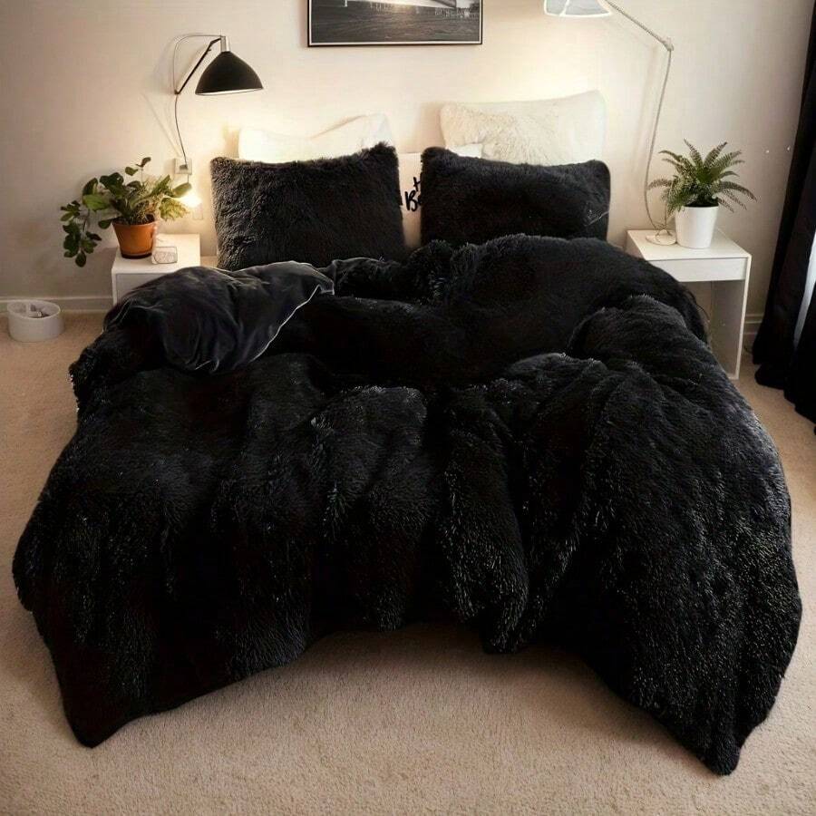 [Halloween Christmas Gift&Decor]3-Piece Soft Fluffy Plush Comforter Set (1 Duvet Cover + 2 Pillowcases W/O Pillow Shams) Soft And Warm Bedding, Machine Washable (Black Queen & King), Perfect For Bedrooms And Guest Rooms - màu đen - Xem 1