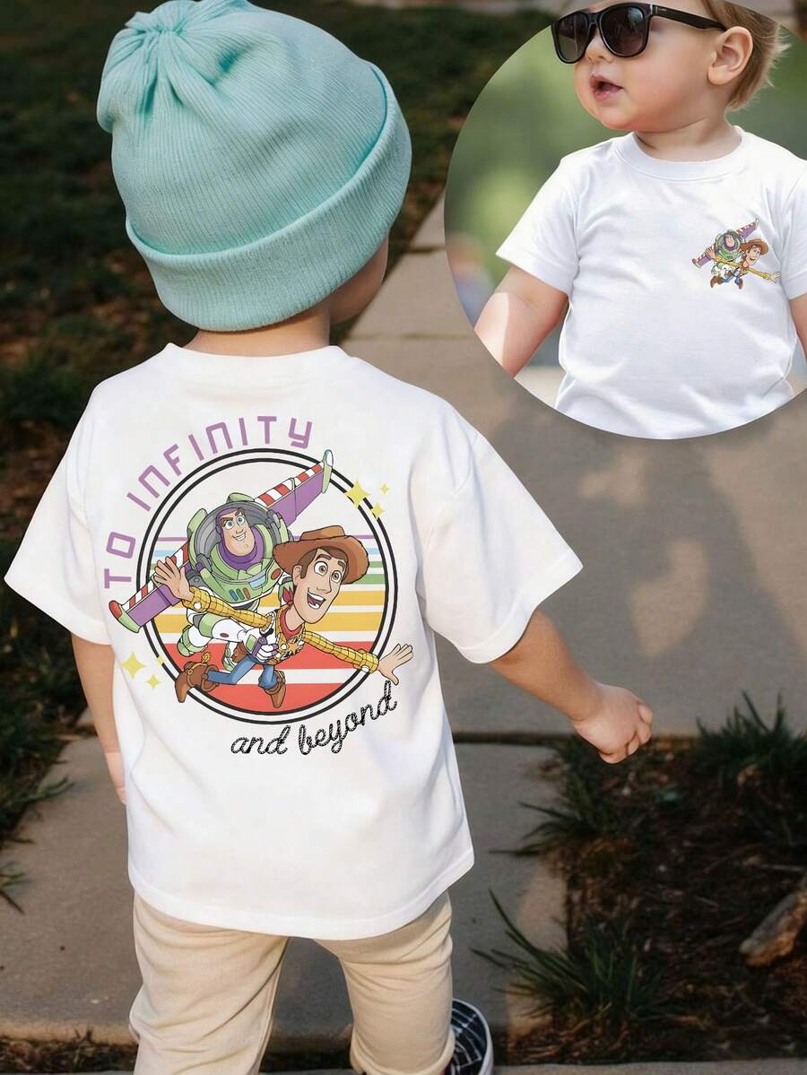 Disney White Background Toy Story Buzz Lightyear And Woody To Infinity And Beyond Print Kids' Short Sleeve T-Shirt - Playful And Adventure Style Top - 白色 - 查看 1