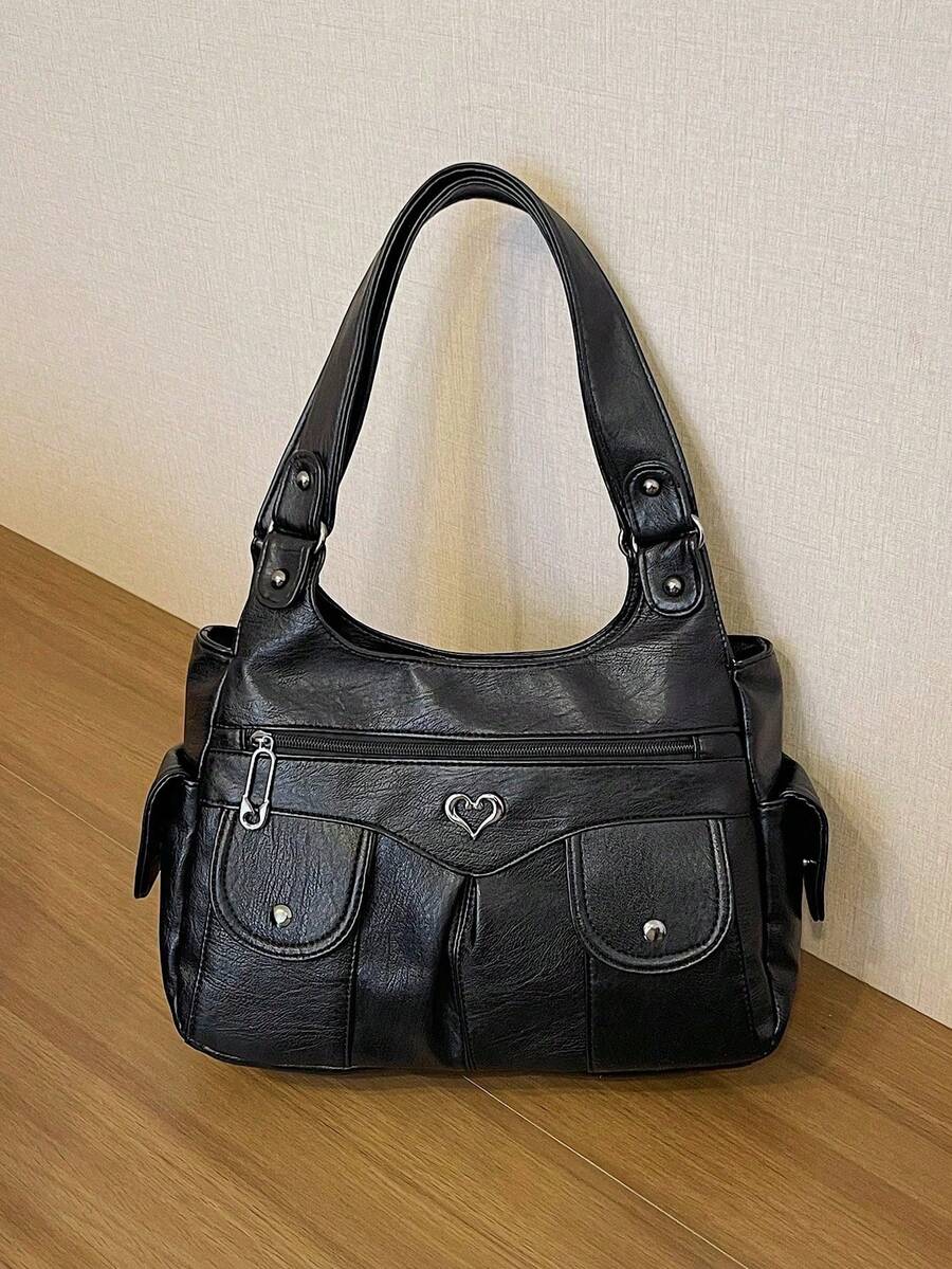 1pc Vintage Large Capacity Handbag, Vintage PU Shoulder Messenger Bag, Women Casual Tote Bag And Wallet - 黑色 - 查看 1