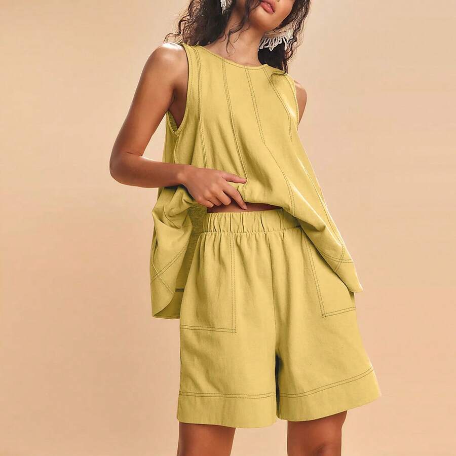 Women's 2 Piece Casual Matching Sets Sleeveless Tank Tops High Waist A Line Shorts Contrast Stitching With Pockets Summer Beach Outfit - 黃色 - 查看 1