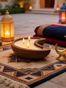 1pc Wooden Dough Bowl With Eid Moon And Candle, Eid Mubarak Plate With Scented Candle, Holiday Decor, Holiday Candle, Birthday Gift, Souvenir And Small Gift, Suitable For Ramadan, Christmas, Mother's Day, Eid Al-Adha, Saudi National Day, Tabletop Decor And Home Decor, Photography Props Decor And Surprise Gift - Multicolor - View 5