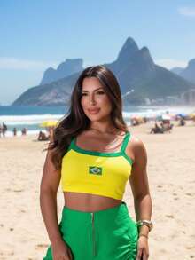 Women's Cropped Top, Fit Brazil Style, Embroidered Tank Top, Ribbed Cups, Contrasting Waist, Knit Fabric, Beachwear, Vacation - Yellow - View 4