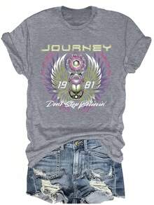 Plus Size - Rock Tradition, Journey 'Don't Stop Believin' 1981 Printed T-Shirt, Women's Short Sleeve Round Neck Casual Top, Suitable For Spring And Summer - 1XL-5XL - 深灰色 - 查看 6