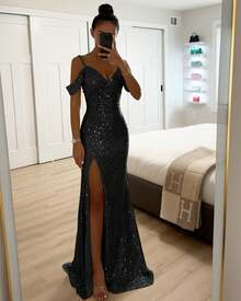 Spring And Autumn New Style Spaghetti Strap Sequin Split Dress Casual Loose Party Dress - 墨綠色 - 查看 10