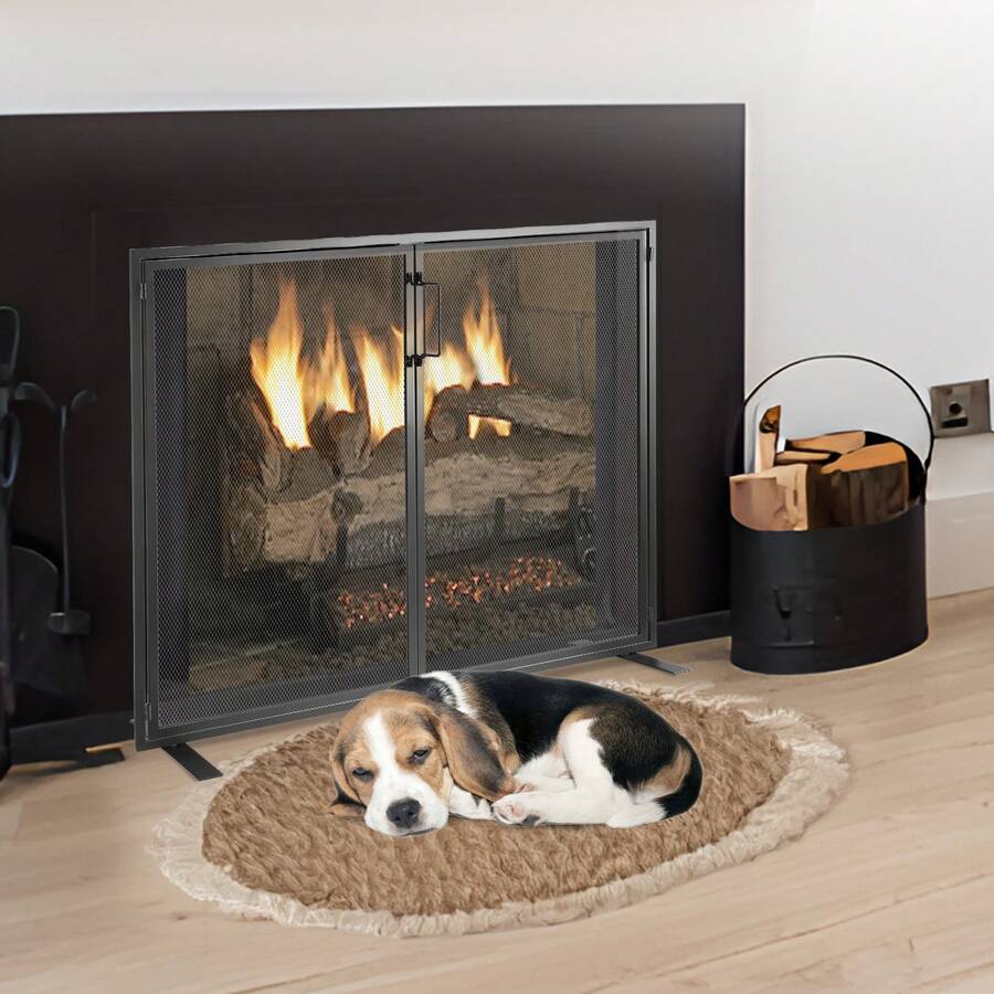 Fireplace Screen 1 Panel With Door, Sturdy Iron Mesh Fireplace Screen, 38.98"(L) X30.7"(H) Spark Guard Cover, Simple Installation, Free Standing Fire Fence Grate For Living Room Home Decor Moder - Simple Black - View 1