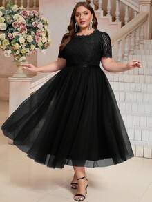 女士大码纯色优雅鸡尾酒连衣裙，网纱透视刺绣蕾丝拼接，适合约会之夜、可爱派对、正式晚宴、婚礼、春夏秋季等场合。 - 黑色 - 查看 2