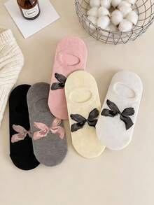 5双随机中国风芭蕾舞纯色蝴蝶结薄款隐形浅口船袜，春夏款 - 彩色 - 查看 3