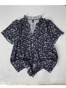 Blusas casuales con decoración plisada, tela tejida con estampado floral de margaritas y ribete de volantes - Azul Marino - Ver 2
