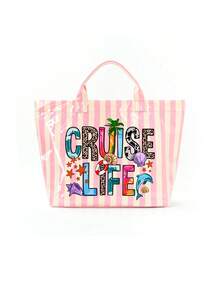 Pvc Striped Tote With "Cruise-Life" And Marine Life,Large Capacity Lightweight Handbag With Vertical & Horizontal Stripes | Multifunctional Commuter Travel,Fashiona Casual Pvc Striped Tote Bag, Heavy-Duty Durable Handbag, Fixed Shoulder ,Women's Large Capacity Shopping Bag Tote Bag, Suitable For Commuting And Travel Storage Bag, Suitable For Shopping, Stylish Casual Handheld Shoulder Purse - Multicolor - View 12