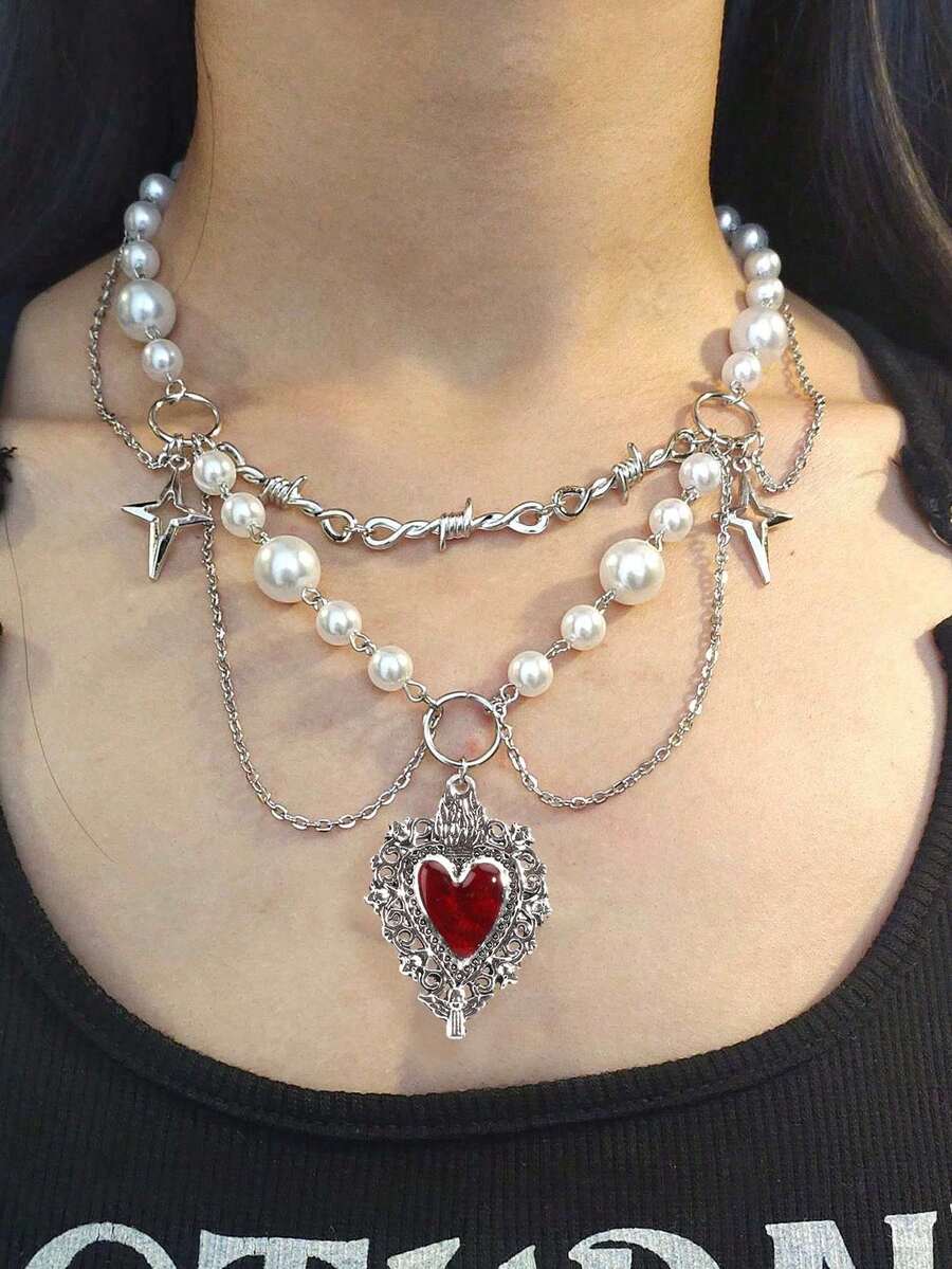 1件哥特式多层心形吊坠项链，仿珍珠流苏颈链朋克锁骨链，多层毛衣链，ins嘻哈锁骨链，女士情人节礼物 - 紅色 - 查看 1